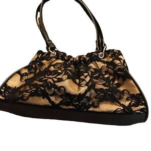 Black Lace & Nude Lined Handbag Perfect with LBD Vegan Leather Trim